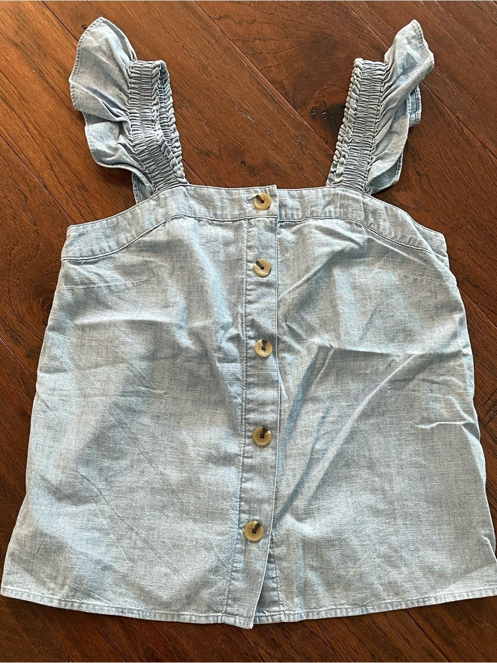 J. Crew Light Blue Chambray Ruffle-Trim Tank